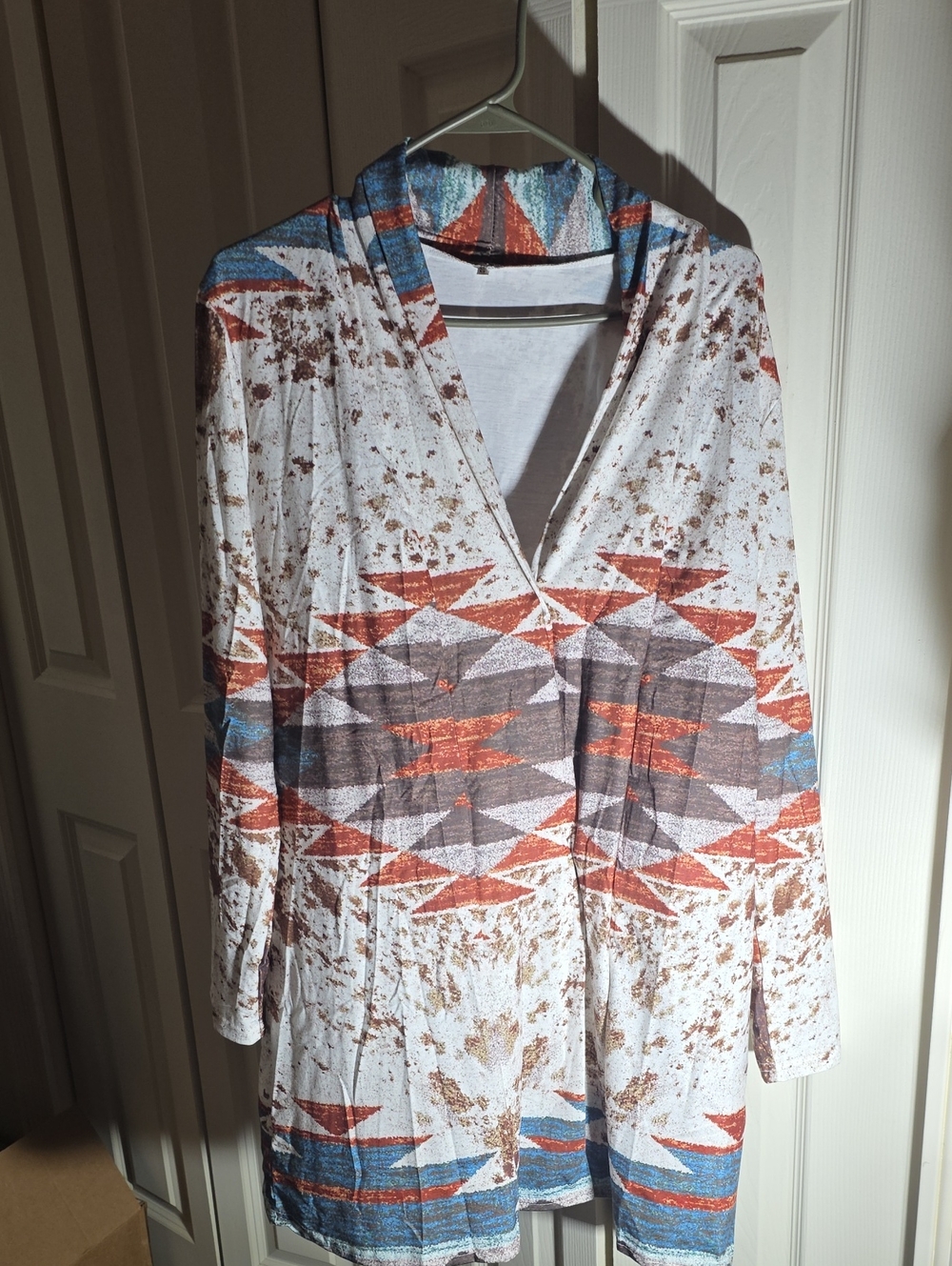Women's White Aztec Print Open Cardigan with Rust and Blue Accents